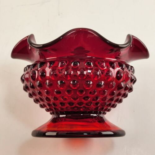 Fenton Old Virginia Glass Bowl Ruby Red Hobnail Footed Ruffled Edge Vintage 6"