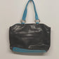 Fashion Express Black Faux Leather Tote Bag Blue Strap Zip Top