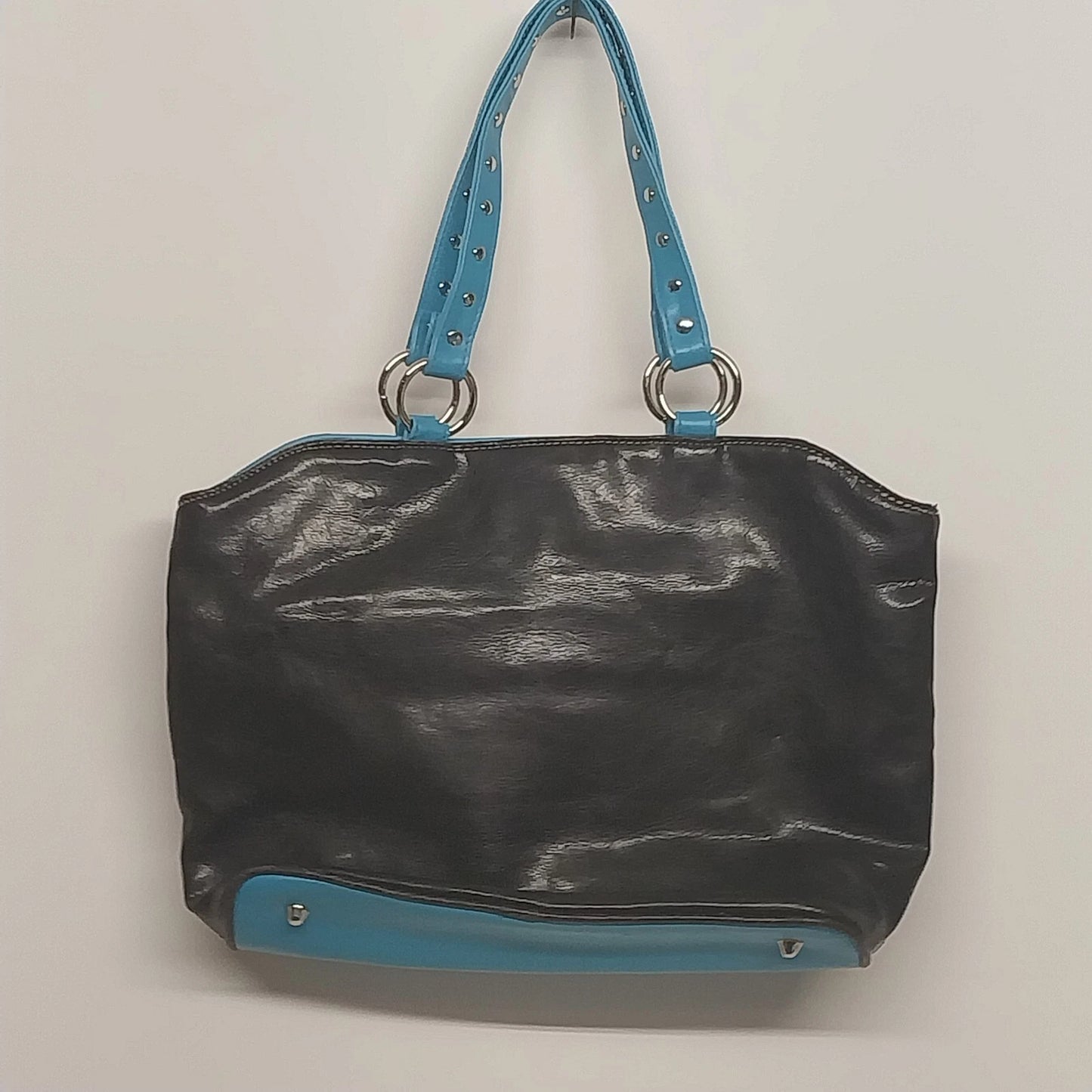 Fashion Express Black Faux Leather Tote Bag Blue Strap Zip Top