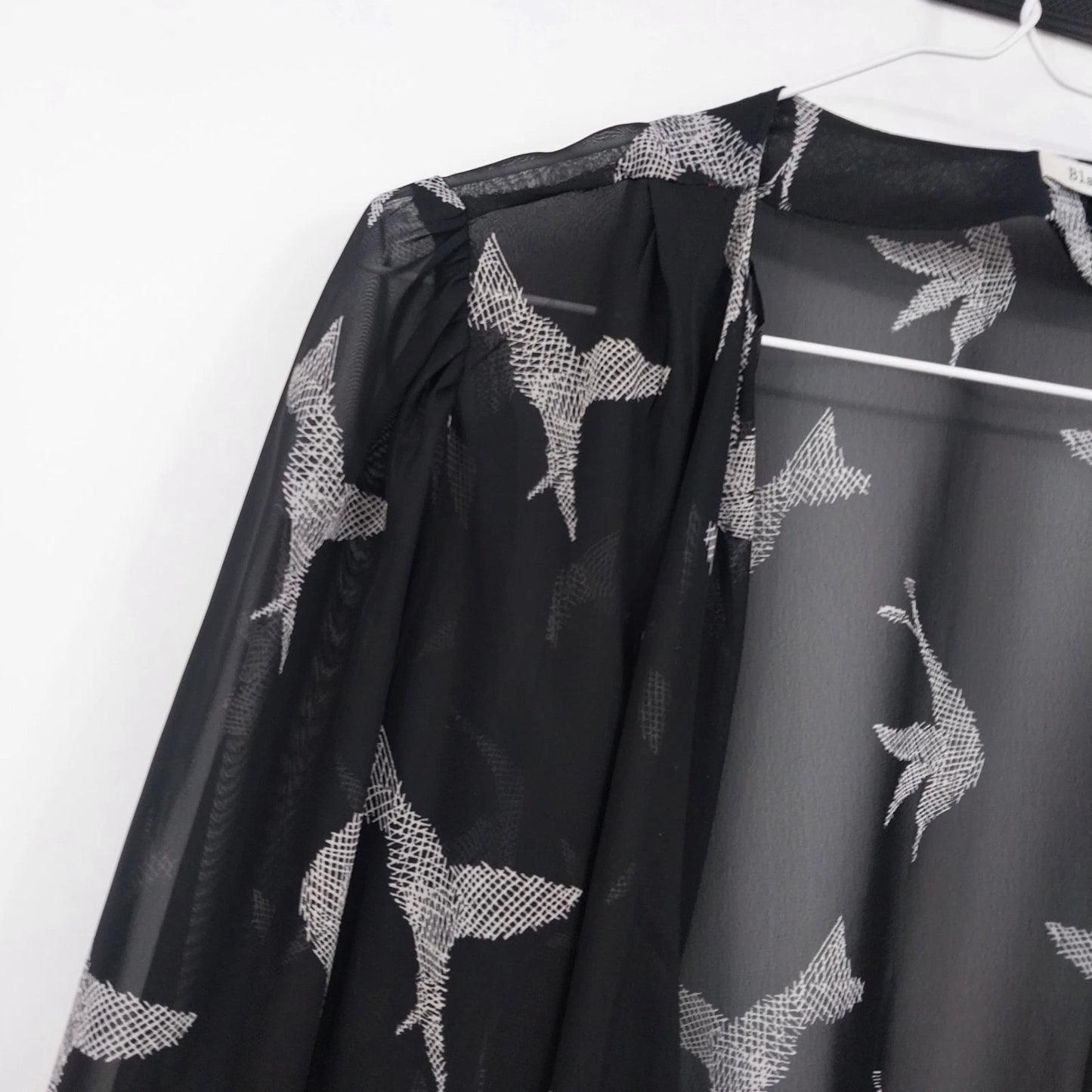 Black Rainn Sheer Kimono Cardigan Women's XL Bird Print Open Front Black White