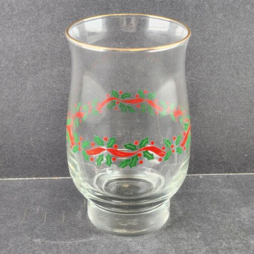 One Libby 14 oz Drink Glass Holly Berry and Red Ribbon Design 3.25" w x 5.25" h