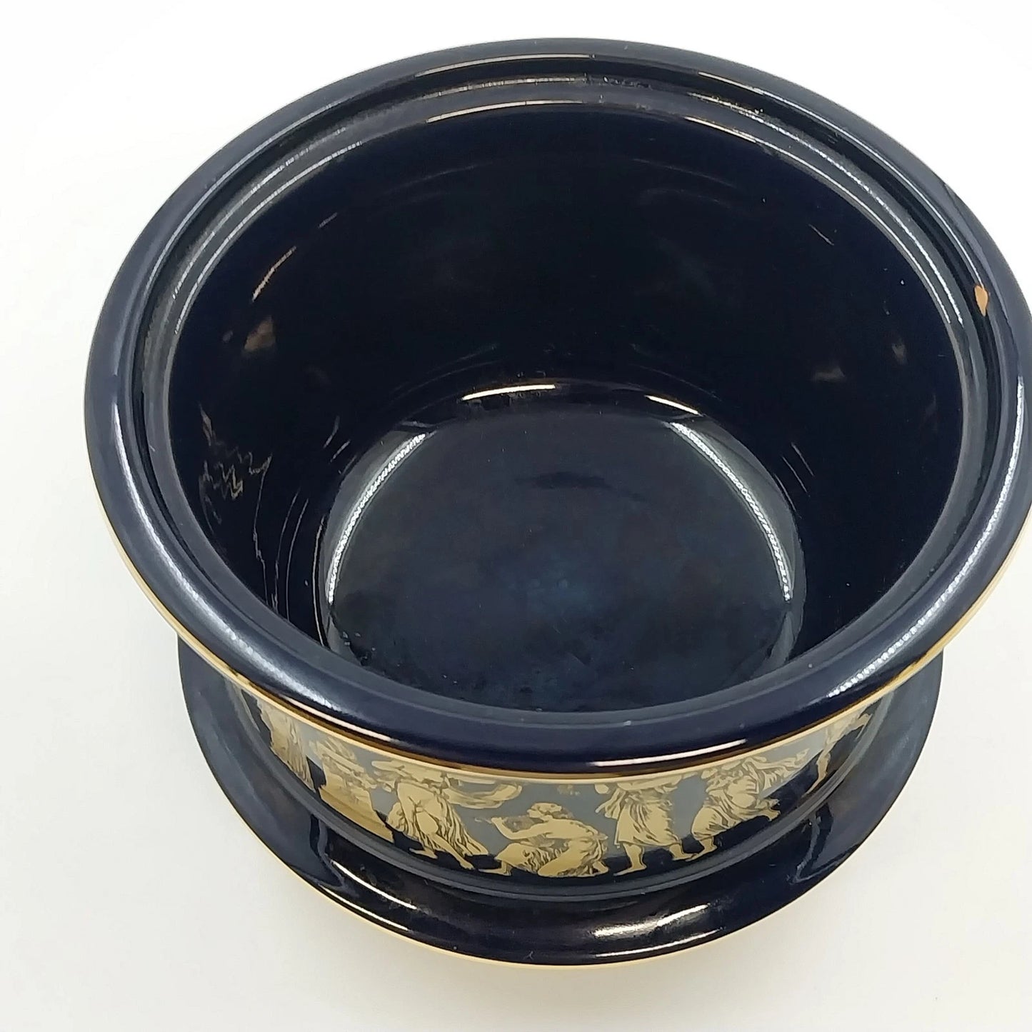 Florentine Italy Footed Pottery Bowl Cobalt Blue Gold Classical 4" Tall x 5.25"d