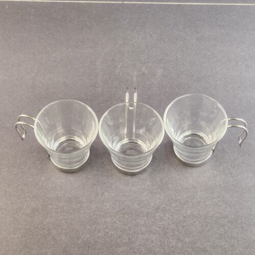 Set of 3 Unbranded Espresso Cups Glass with Detachable Steel Handles Vintage