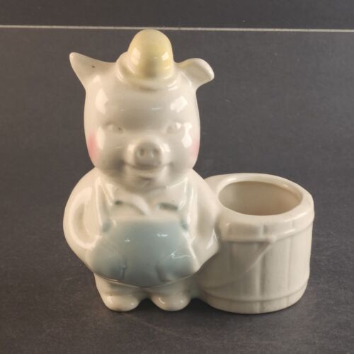 Shawnee Pottery Planter Flower Pot Pig Farmer In Overalls w Bucket Vintage 6" T