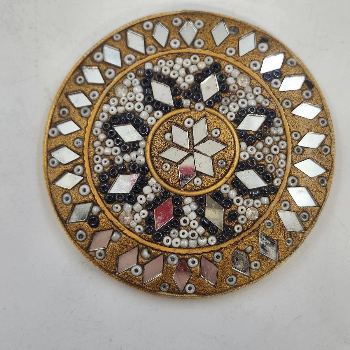 Gold Tone Round Pocket Mirror 2.75" Beaded Ornate Geometric Mosaic Star Design