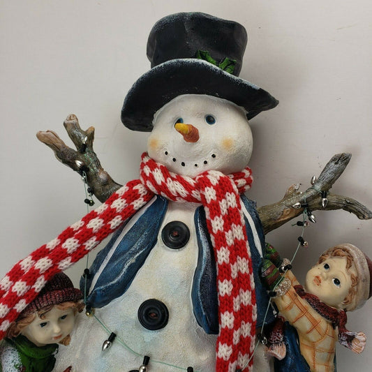 15" Snowman with Kids Birds Vest & Holly Christmas Tabletop Composite Figurine