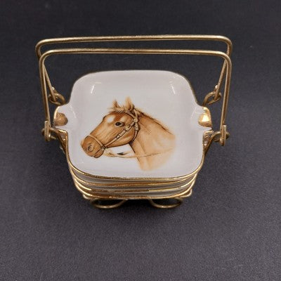 Set of 4 Art Line Ashtrays Horse Heads Gold Rimmed Ornamental Wire Holder Japan