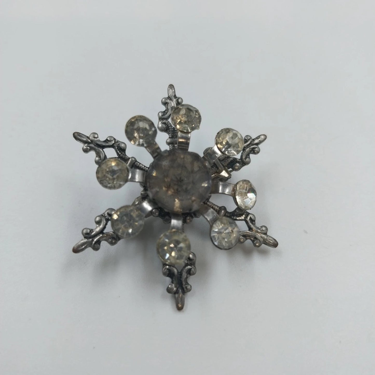 Silver Tone Snowflake Brooch Clear Rhinestone Starburst Fleur De Lis Pin Vintage