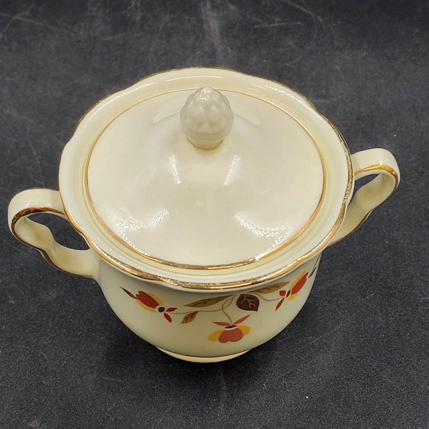 Autumn Leaf Sugar Bowl & Lid Ruffled D Hall's Superior Jewel Tea MCM Vintage