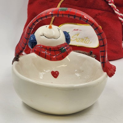 St. Nicholas Square Snowman Basket Candy Dish Button Up with Stocking China 7"