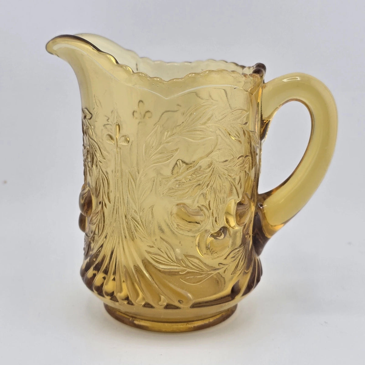 LG Wright Wreathed Cherry Amber Glass Creamer Pitcher Scalloped Rim Vtg