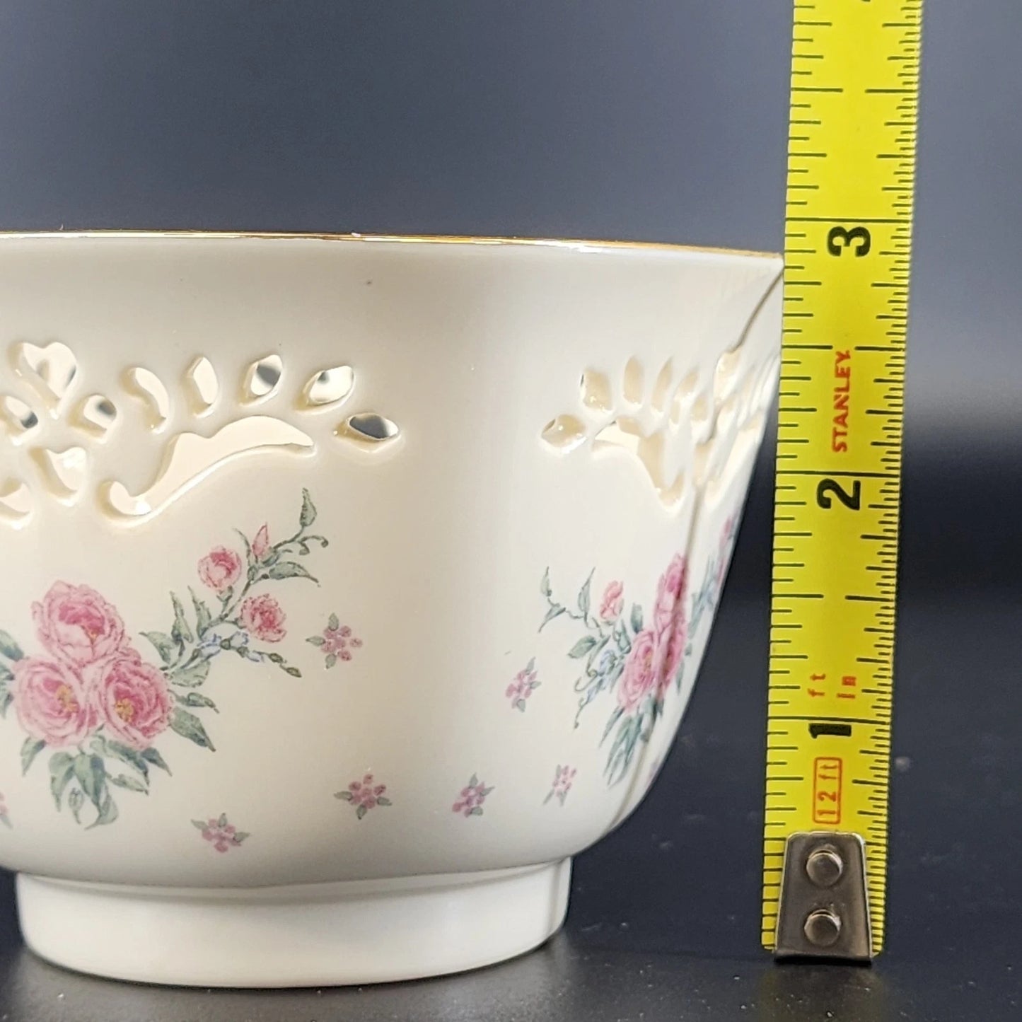 Lenox Petite Rose Trinket Bowl Cream Porcelain Lace Cut Out 24K Gold Trim 4.25"
