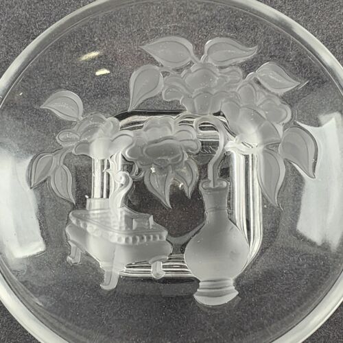 Verlys Frosted Dish Floral Bowl Tab Handle Clear Art Deco Intaglio Made In USA