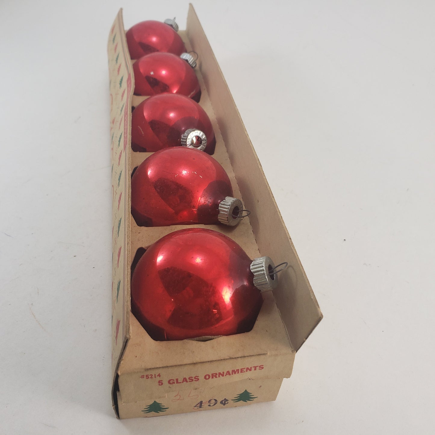 5 Red Shiny Brite 2.25" Glass Christmas Tree Ornaments Vintage Solid Red 1950's