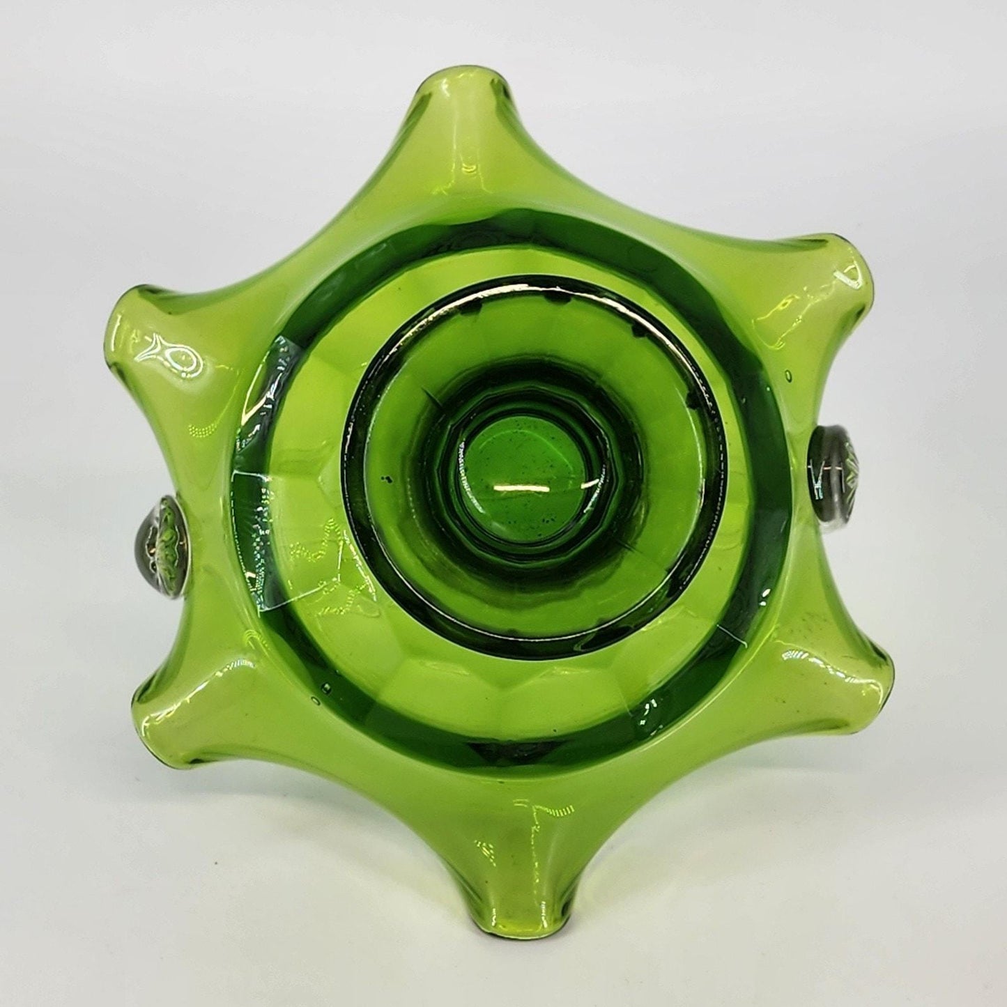 Vintage Viking Art Glass Pedestal Basket Green Ruffled Edge Applied Handle Mid Century Hand Blown Glass