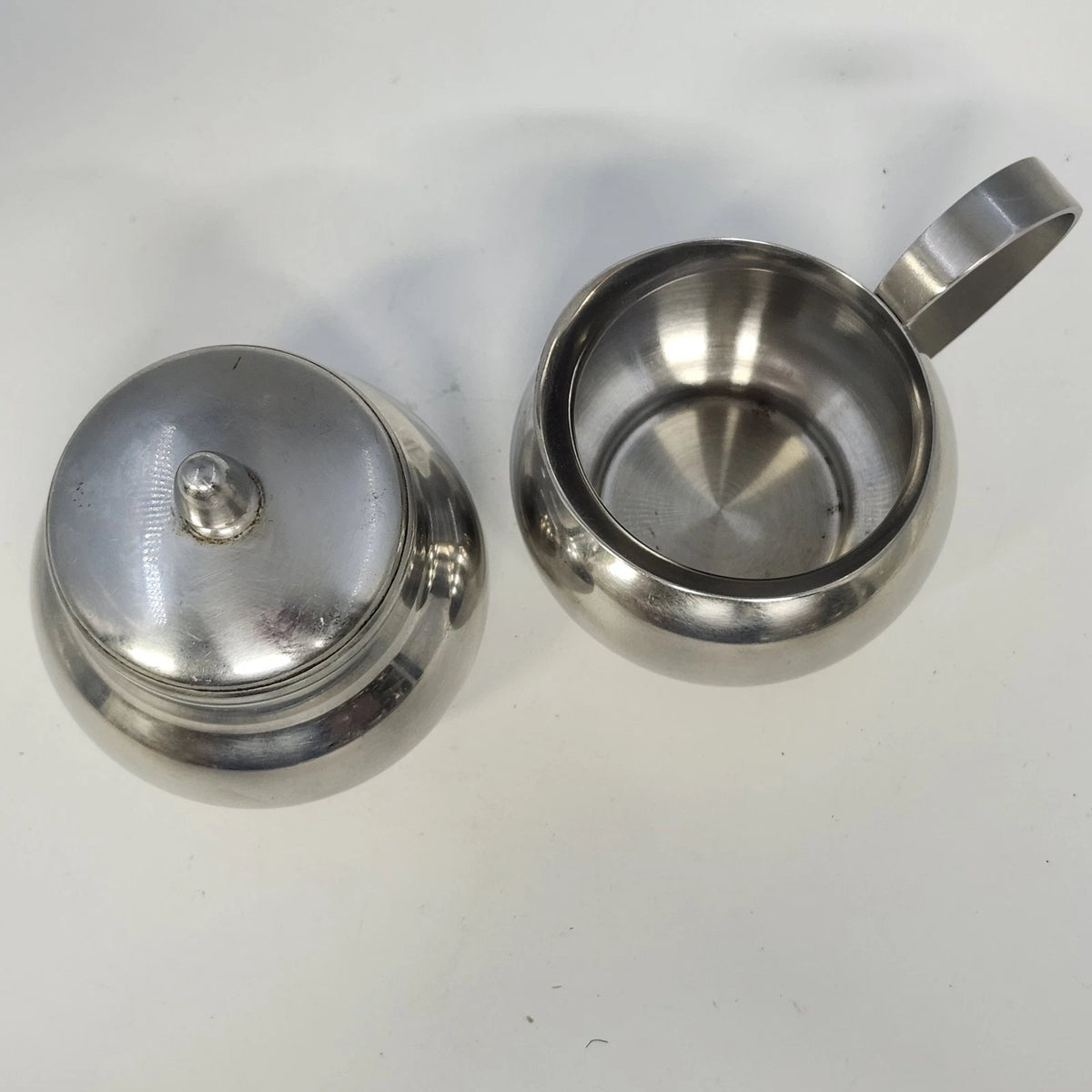 Oneida 18/8 Stainless Steel Creamer & Lidded Sugar Bowl Set Silver Japan MCM Vtg
