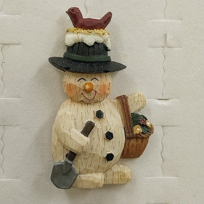 Acrylic Snowman Brooch Lapel Pin with Shovel Bird & Basket Christmas 2.5"Vintage