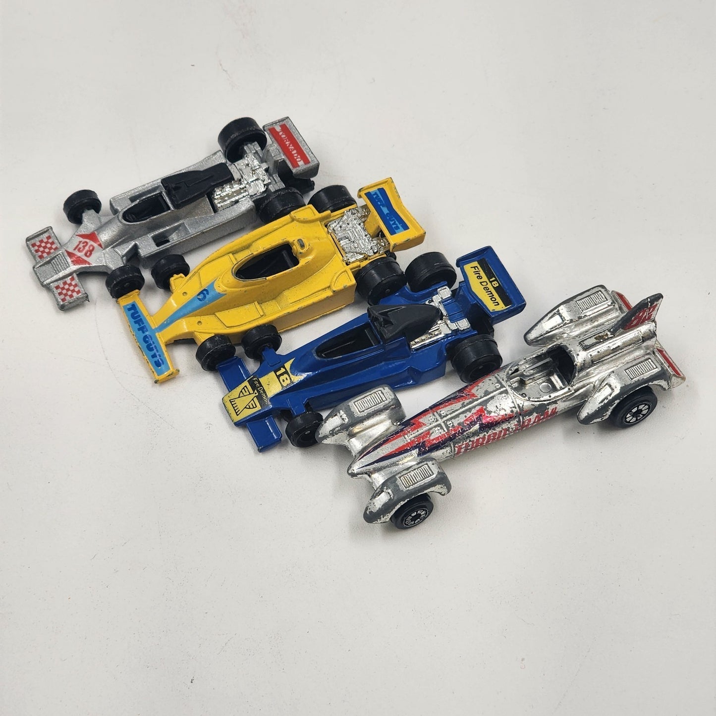 4 Hot Wheels Racer Cars Turbo Tram #82 Tuff Guys #6 Fire Demon #18 Tornado #138