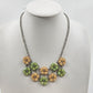 RMN Silver Tone Chain Green Yellow Flowers & Rhinestone Pendant Necklace 10"