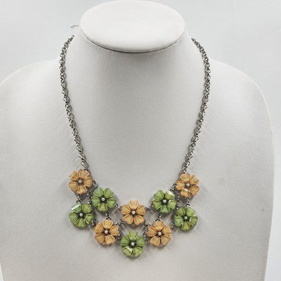 RMN Silver Tone Chain Green Yellow Flowers & Rhinestone Pendant Necklace 10"