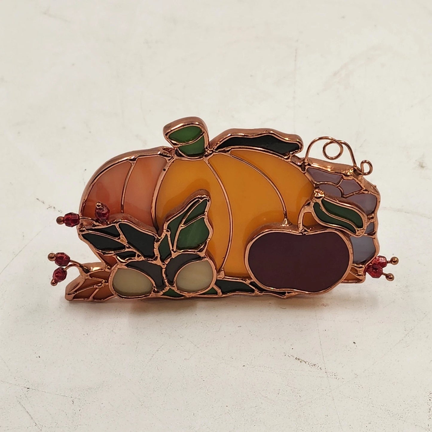 Stained Glass Pumpkin Tealight Holder Fall Apple Acorns 3D Decor Translucent Vtg