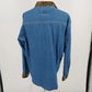 Solutions Blue Denim Shirt L Leopard Print Collar Cuffs Button Up 100% Cotton