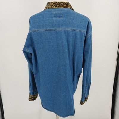 Solutions Blue Denim Shirt L Leopard Print Collar Cuffs Button Up 100% Cotton