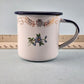 TrEs Enamel Tin Cup Small Mug Vintage Monterrey Mexico Flowers White w Blue Trim