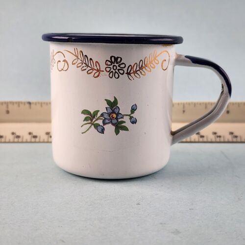 TrEs Enamel Tin Cup Small Mug Vintage Monterrey Mexico Flowers White w Blue Trim