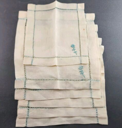 Beige Linen Napkins Embroidered Tan Open Work Set Of 6 Vintage 9.5" Square