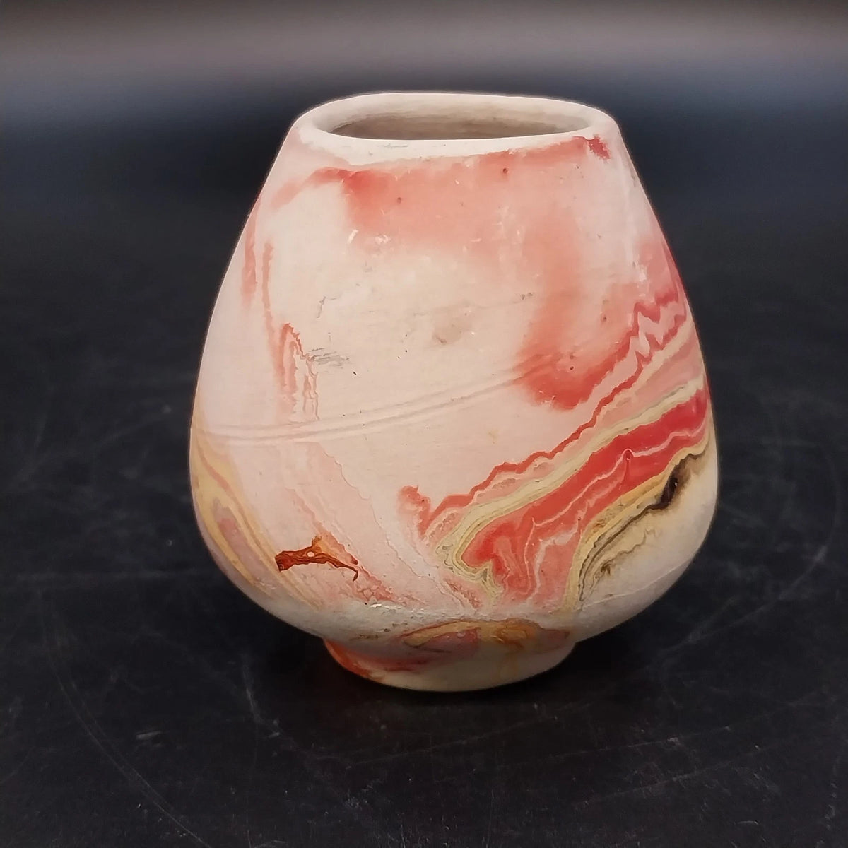 Nemadji Pottery Mini Beehive Vase Orange Red Pink Marbled Clay Swirl 3" Vintage