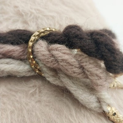 Aloska Cloche Beige Hat w Brown Black Tan Twisted Rope Trim & Gold Tone One Size