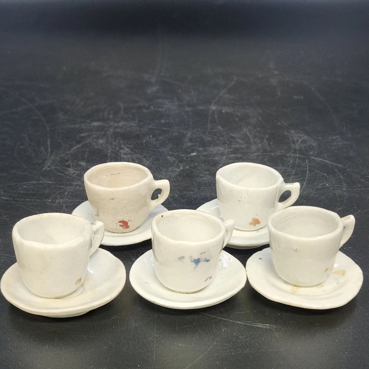 Miniature Tea Set Hand Made White Studio Porcelain Cups Saucers 2" 10pc Vintage