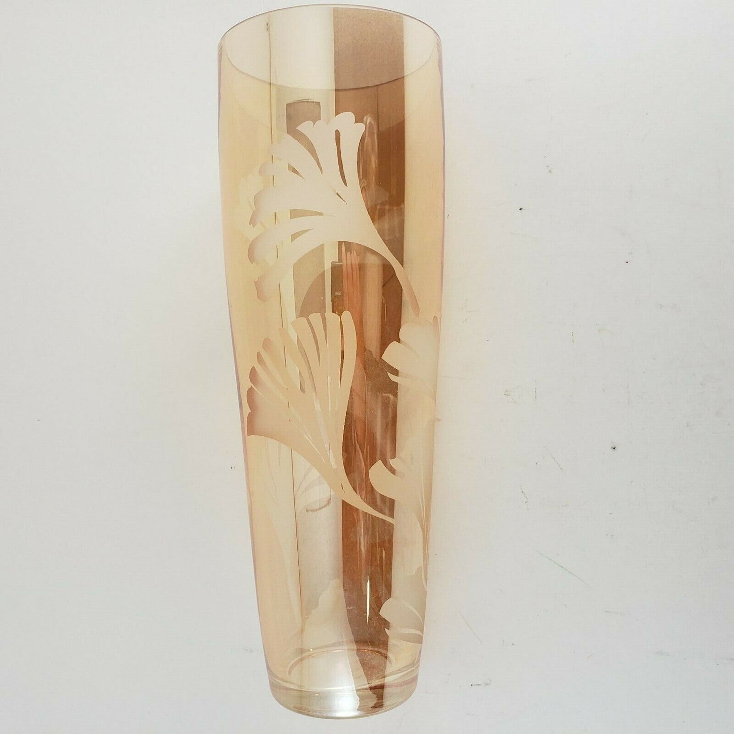 Vintage Peach Lustre Iridescent Glass Vase – 12" Hand-Blown Etched Vase with Ginkgo Leaf Design, Mouth-Blown Collectible Art Glass