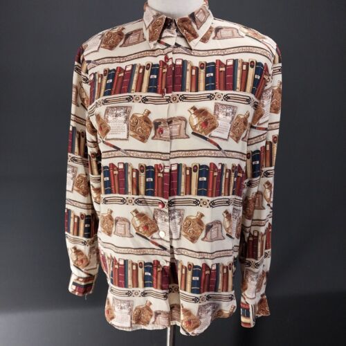 Allison Taylor Silk Blouse Size Small Library Print Button Up Shoulder Pads