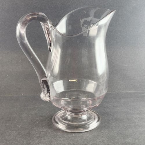 Heavy Crystal Manganese Glass Water Pitcher Fused Handle Design Footed Base Vtg