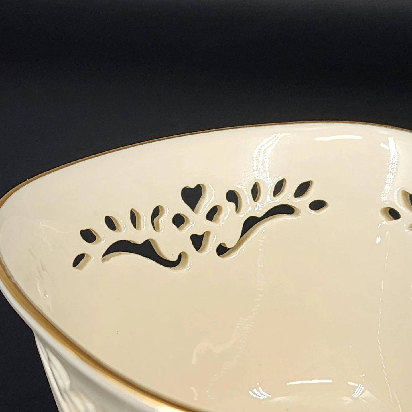 Lenox Petite Rose Trinket Bowl Cream Porcelain Lace Cut Out 24K Gold Trim 4.25"