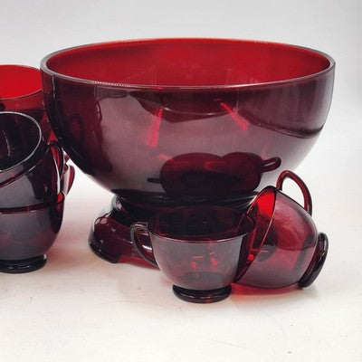 Royal Ruby Red Glass Punch Bowl 23 Cups and Stand Set by Anchor Hocking
