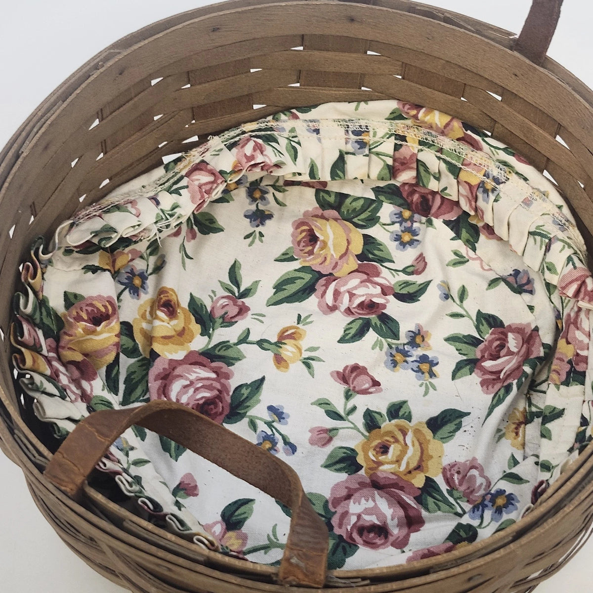 Longaberger Darning Basket 10" Round Floral Liner Double Leather Handle Vtg USA