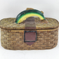 Resin Fishing Basket Trinket Box Greens and Browns Jumping Fish Handle 7" x 4.5"