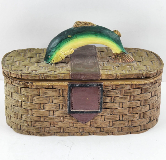 Resin Fishing Basket Trinket Box Greens and Browns Jumping Fish Handle 7" x 4.5"