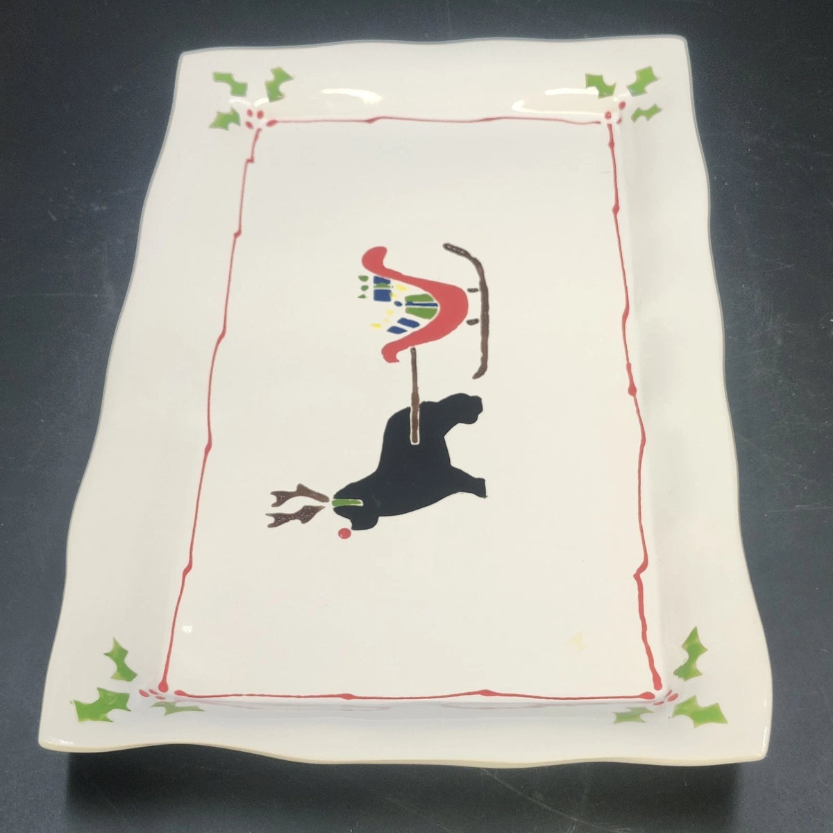Prairie Dog Pottery Newfoundland Reindeer Sleigh Christmas Platter 14.5"