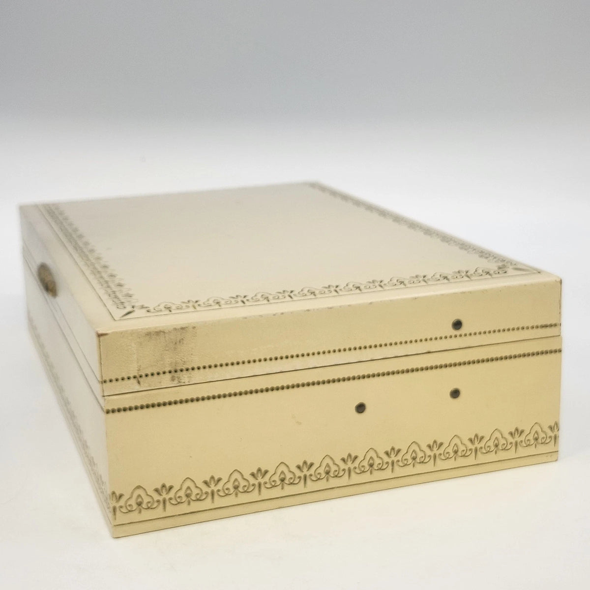 Jewelry Trinket Box Cream Gold Filigree Red Velvet Satin Lift Out Tray 12.5" Vtg