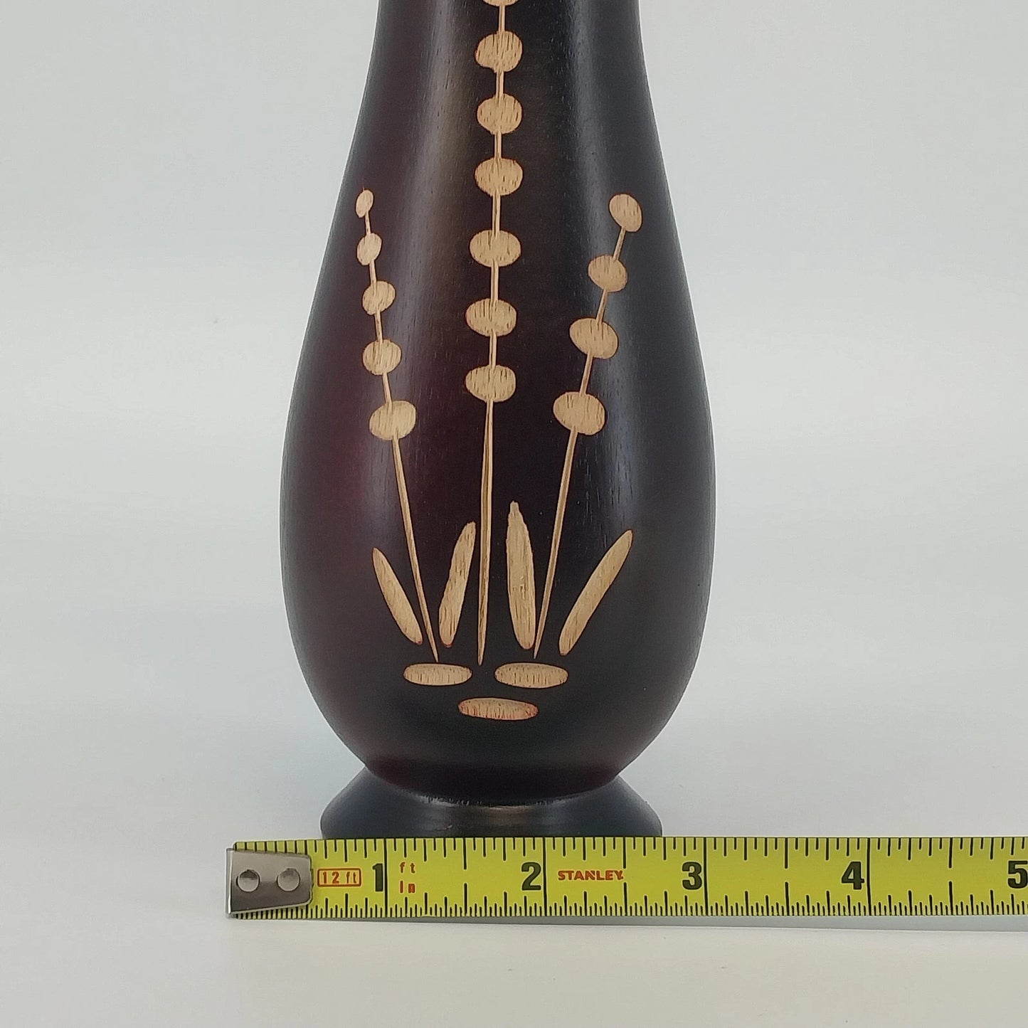 Turned Wood Vase Inset Botanical Floral Pattern Dark Brown 8" Vintage