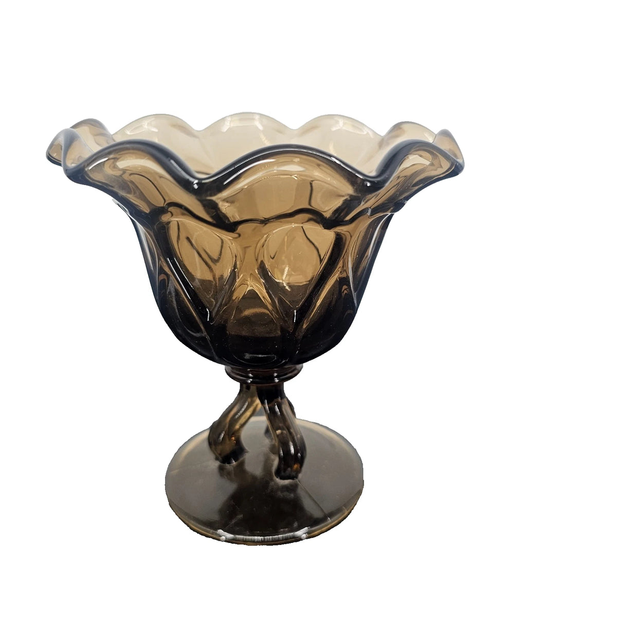Westmoreland Smokey Brown Glass Footed Compote Scalloped Rim Pedestal Dish 5"