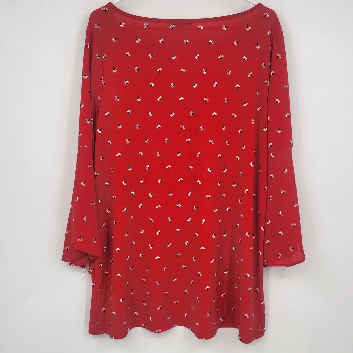 Roz & Ali Women's 1X Red Floral Blouse 3/4 Sleeve Ruffle High Low Hem Stretch