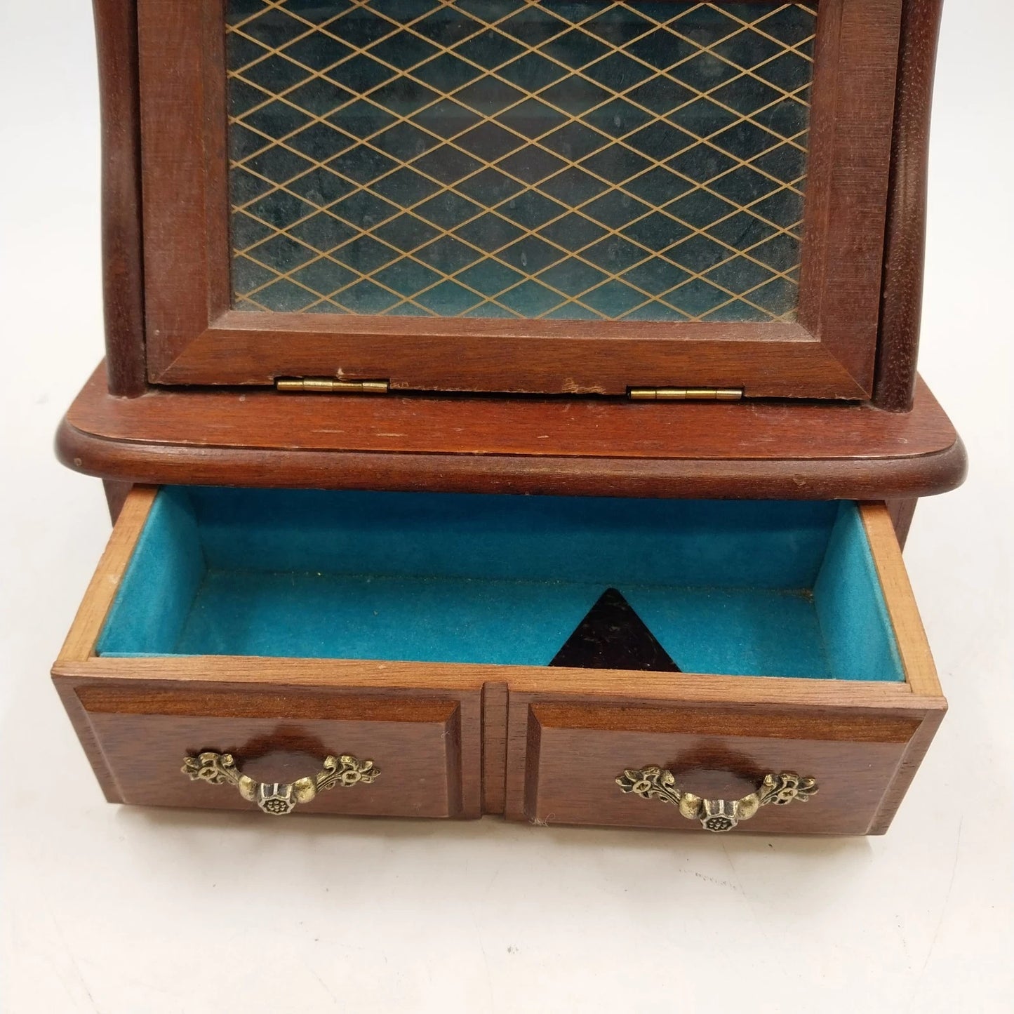 Wooden Musical Jewelry Box Jay Imports Angled Top Gold Diamond Blue Velvet 8"