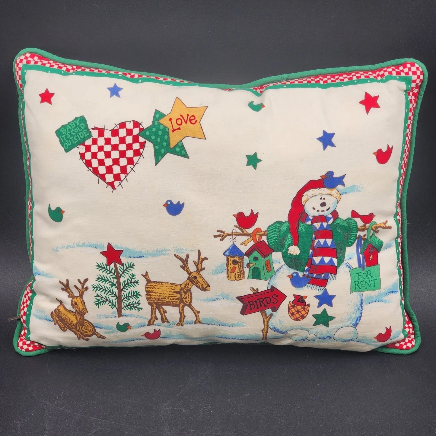 2 Snowmen Christmas Throw Pillows 3 Fun Scenes 16" x 12" Snowmen Stars & Birds