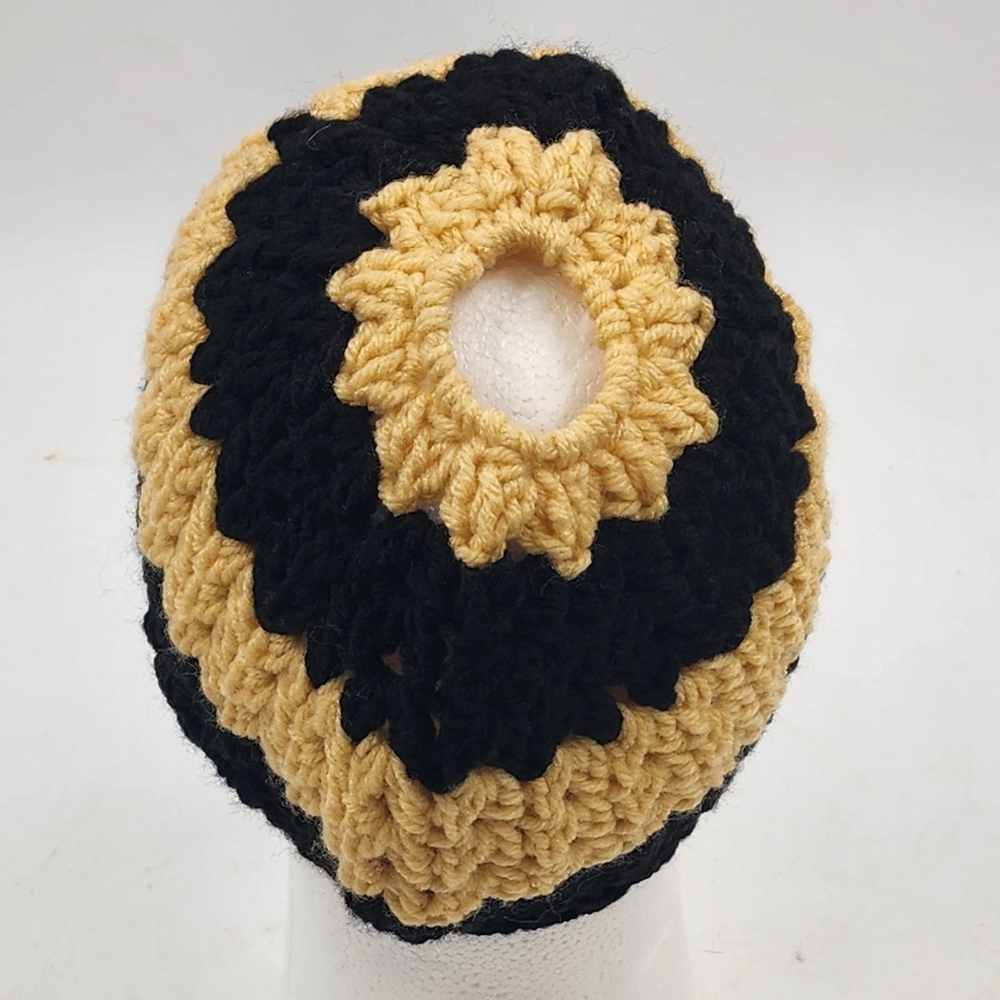 Handmade Crochet Messy Bun Beanie Hat Black Yellow Striped Ponytail Cap Medium