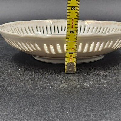 Asian Hand-Painted Porcelain Bowl Lace Cut Floral Trinket Dish Gold Trim 7.5"